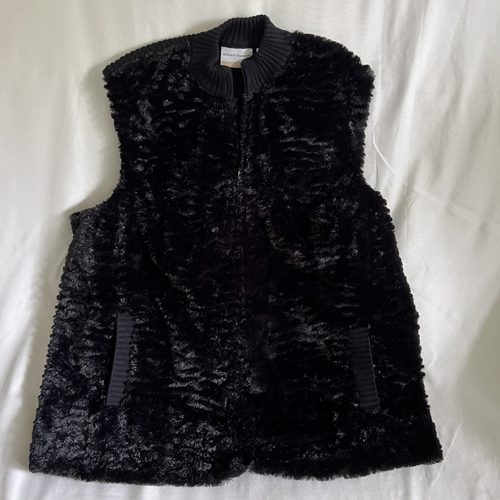 Alfred Dunner Vest 18W Black Ribbed Mock Neck Faux Fur Trim Classic Chic